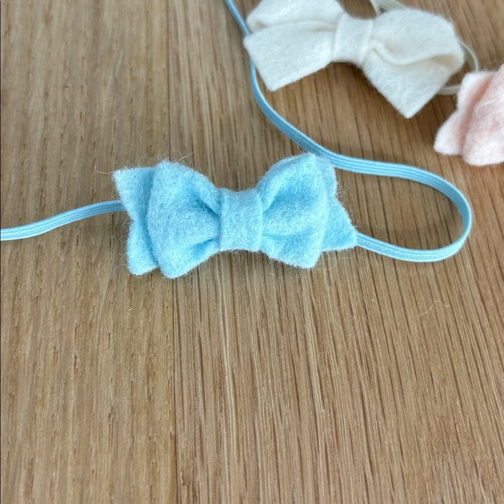 Set of Blue, White, and Pink Felt Bow Headbands for Baby Girls